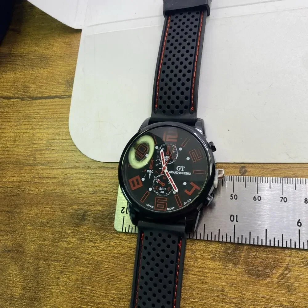 GT Mens Racing Style Rugged Rubber Black Red Watch New Battery